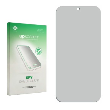 Parte frontal de un envase de producto con el logotipo de la marca upscreen. Al lado está el protector de pantalla correspondi