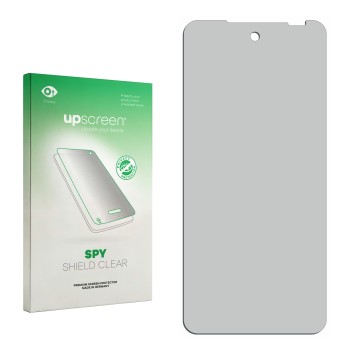 Parte frontal de un envase de producto con el logotipo de la marca upscreen. Al lado está el protector de pantalla correspondi