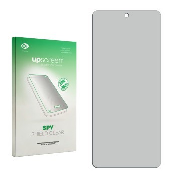 Parte frontal de un envase de producto con el logotipo de la marca upscreen. Al lado está el protector de pantalla correspondi