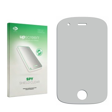 Vorderseite einer Produktverpackung mit dem Markenlogo upscreen. Daneben ist der zugehörige Displayschutz.