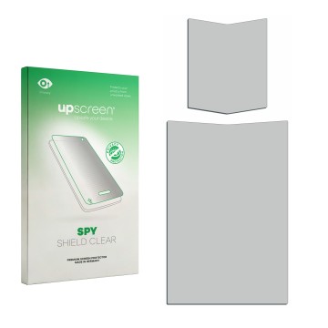 Vorderseite einer Produktverpackung mit dem Markenlogo upscreen. Daneben ist der zugehörige Displayschutz.