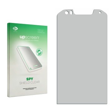 Vorderseite einer Produktverpackung mit dem Markenlogo upscreen. Daneben ist der zugehörige Displayschutz.