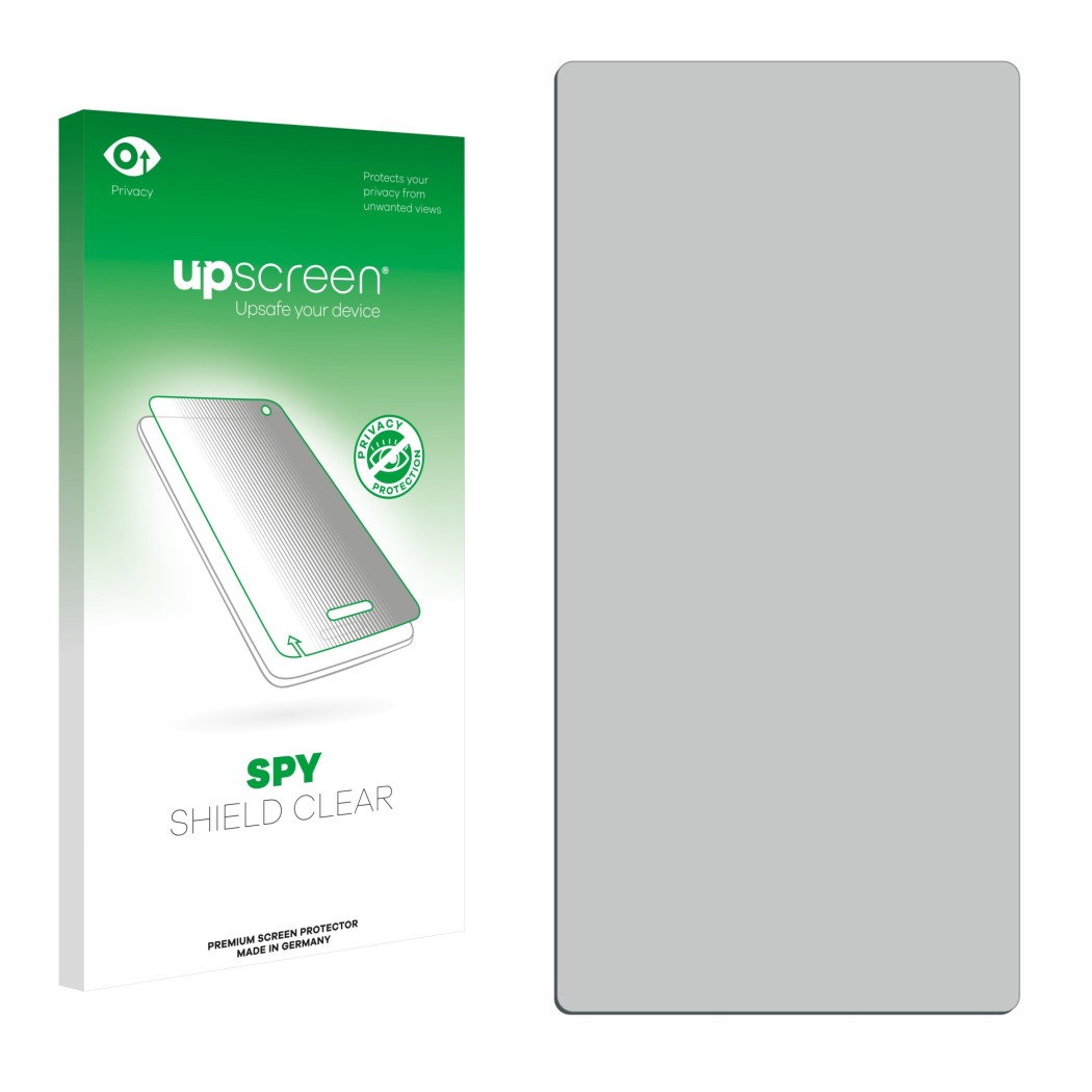 Face avant d’un emballage produit avec le logo de la marque upscreen. À côté se trouve la protection d’écran correspondante.