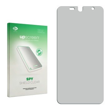 Parte frontal de un envase de producto con el logotipo de la marca upscreen. Al lado está el protector de pantalla correspondi