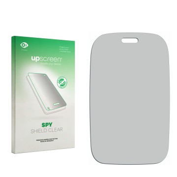 Vorderseite einer Produktverpackung mit dem Markenlogo upscreen. Daneben ist der zugehörige Displayschutz.