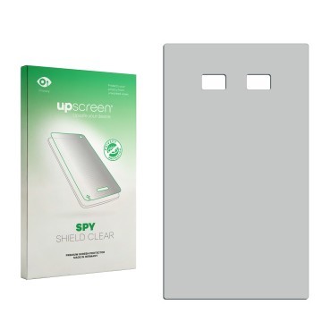 Parte frontal de un envase de producto con el logotipo de la marca upscreen. Al lado está el protector de pantalla correspondi