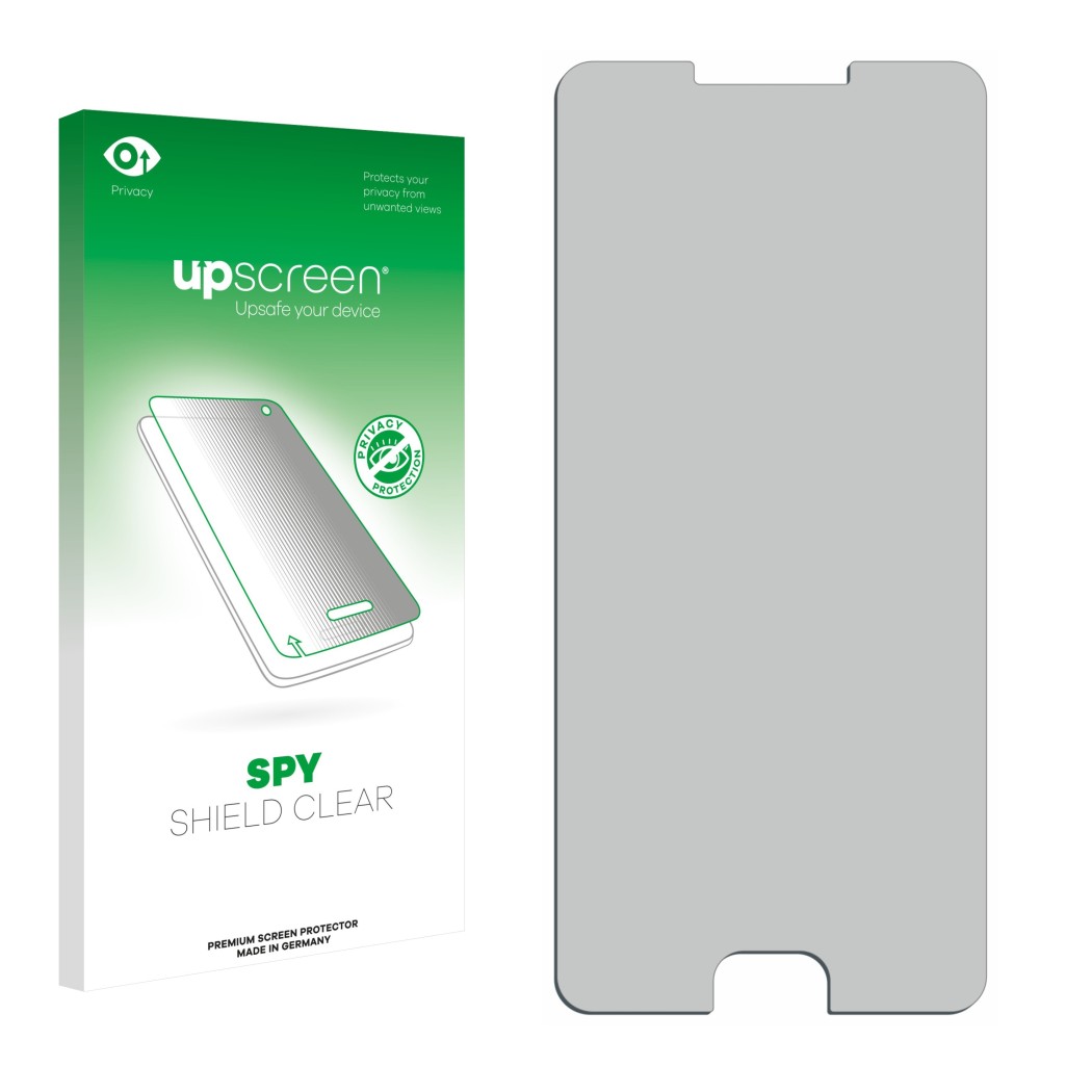 Parte frontal de un envase de producto con el logotipo de la marca upscreen. Al lado está el protector de pantalla correspondi