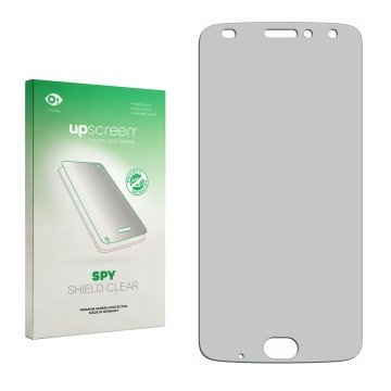 Parte frontal de un envase de producto con el logotipo de la marca upscreen. Al lado está el protector de pantalla correspondi