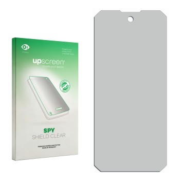 Vorderseite einer Produktverpackung mit dem Markenlogo upscreen. Daneben ist der zugehörige Displayschutz.