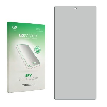 Vorderseite einer Produktverpackung mit dem Markenlogo upscreen. Daneben ist der zugehörige Displayschutz.