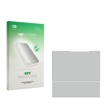 Face avant d’un emballage produit avec le logo de la marque upscreen. À côté se trouve la protection d’écran correspondante.
