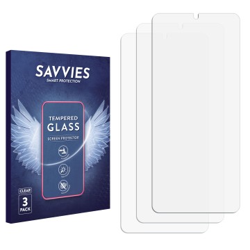 Vorderseite einer Produktverpackung mit dem Markenlogo Savvies. Daneben ist der zugehörige Displayschutz.