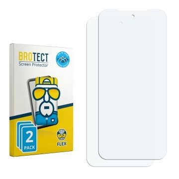 Parte frontal de un envase de producto con el logotipo de la marca BROTECT. Al lado está el protector de pantalla correspondie