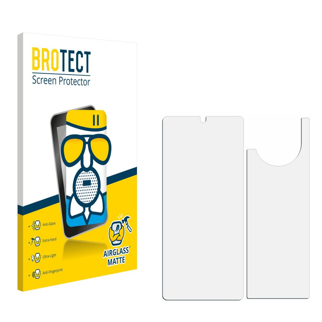 Front side of a product packaging with the brand logo BROTECT. Next to it is the corresponding screen protector.