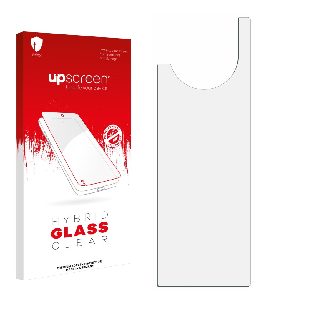 Parte frontal de un envase de producto con el logotipo de la marca upscreen. Al lado está el protector de pantalla correspondi