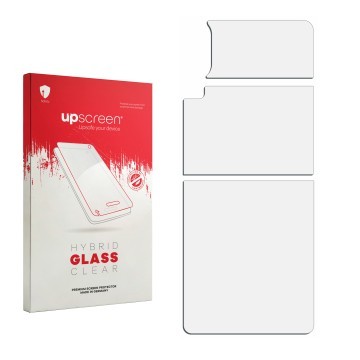 Parte frontal de un envase de producto con el logotipo de la marca upscreen. Al lado está el protector de pantalla correspondi