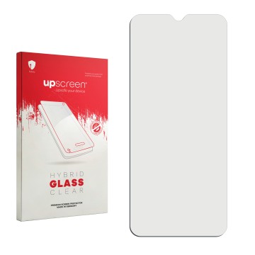 Front side of a product packaging with the brand logo upscreen. Next to it is the corresponding screen protector.