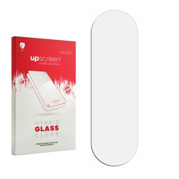 Vorderseite einer Produktverpackung mit dem Markenlogo upscreen. Daneben ist der zugehörige Displayschutz.