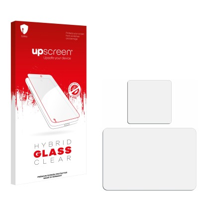 Front side of a product packaging with the brand logo upscreen. Next to it is the corresponding screen protector.