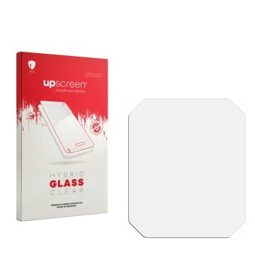 Vorderseite einer Produktverpackung mit dem Markenlogo upscreen. Daneben ist der zugehörige Displayschutz.