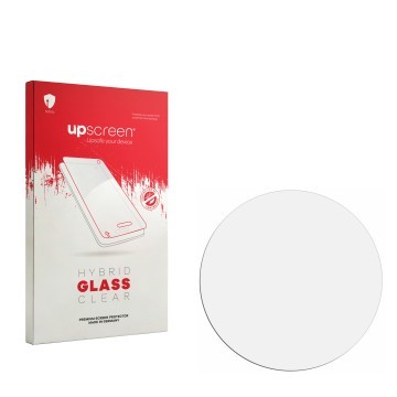 Vorderseite einer Produktverpackung mit dem Markenlogo upscreen. Daneben ist der zugehörige Displayschutz.