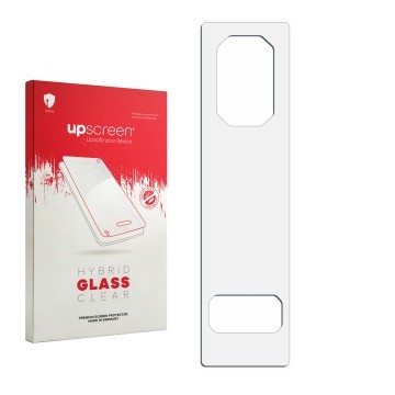 Face avant d’un emballage produit avec le logo de la marque upscreen. À côté se trouve la protection d’écran correspondante.