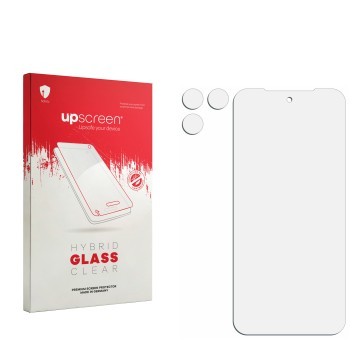 Parte frontal de un envase de producto con el logotipo de la marca upscreen. Al lado está el protector de pantalla correspondi