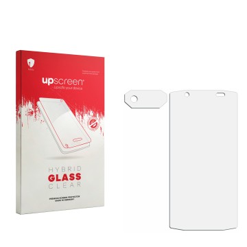 Front side of a product packaging with the brand logo upscreen. Next to it is the corresponding screen protector.