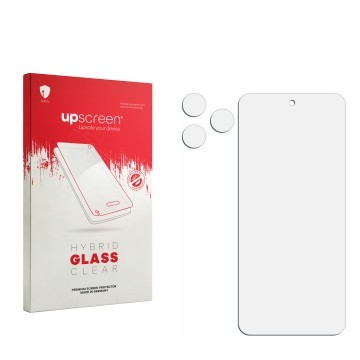 Parte frontal de un envase de producto con el logotipo de la marca upscreen. Al lado está el protector de pantalla correspondi