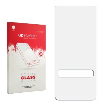 Vorderseite einer Produktverpackung mit dem Markenlogo upscreen. Daneben ist der zugehörige Displayschutz.
