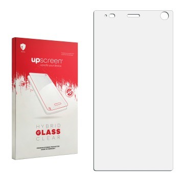 Parte frontal de un envase de producto con el logotipo de la marca upscreen. Al lado está el protector de pantalla correspondi