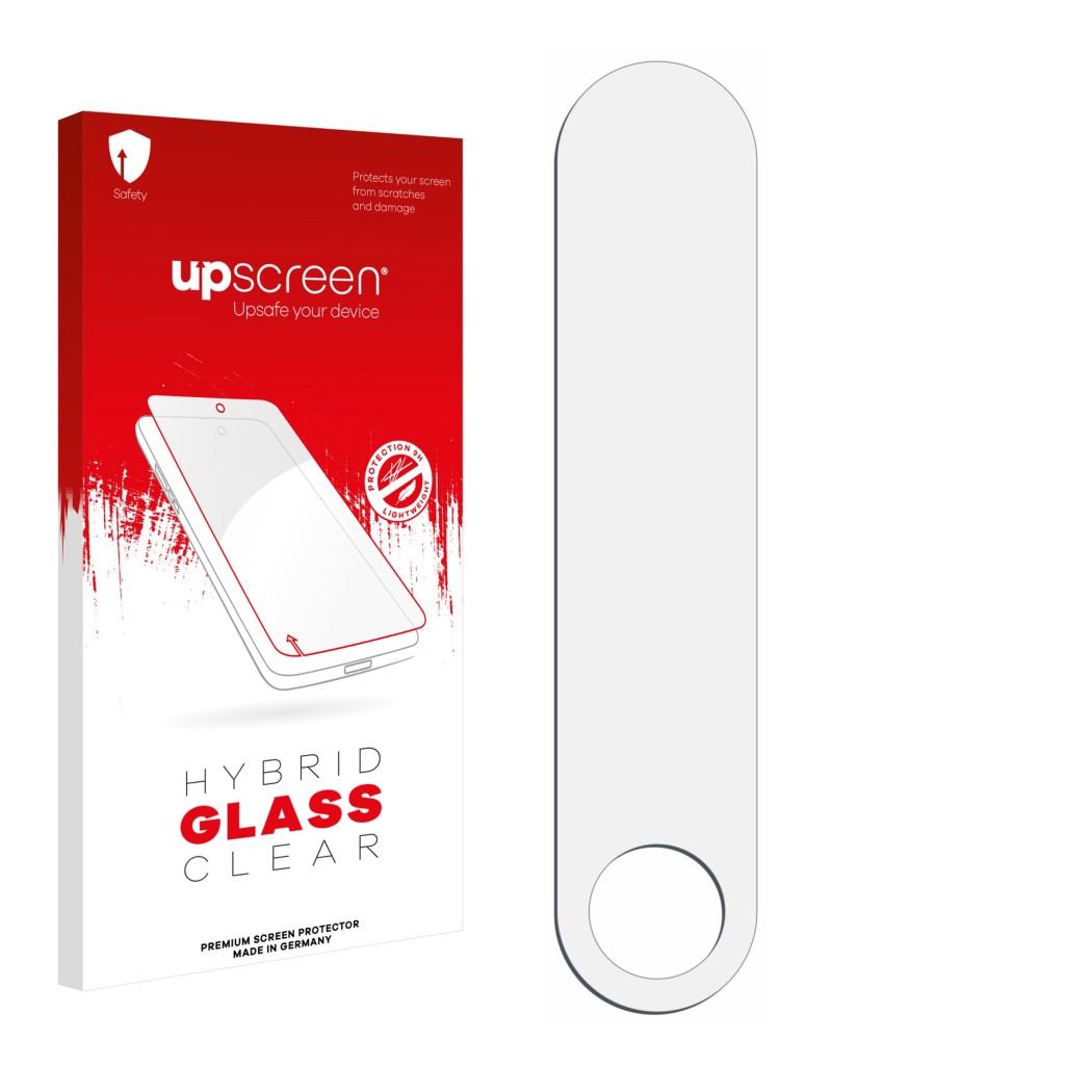 Face avant d’un emballage produit avec le logo de la marque upscreen. À côté se trouve la protection d’écran correspondante.