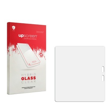 Vorderseite einer Produktverpackung mit dem Markenlogo upscreen. Daneben ist der zugehörige Displayschutz.