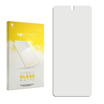 Parte frontal de un envase de producto con el logotipo de la marca upscreen. Al lado está el protector de pantalla correspondi