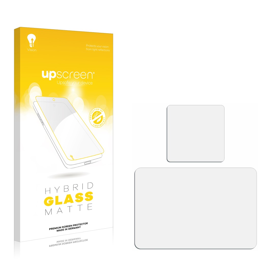 Face avant d’un emballage produit avec le logo de la marque upscreen. À côté se trouve la protection d’écran correspondante.