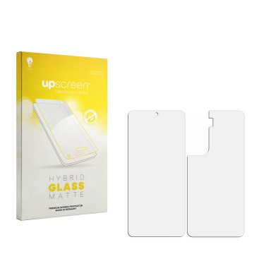 Parte frontal de un envase de producto con el logotipo de la marca upscreen. Al lado está el protector de pantalla correspondi