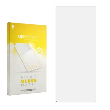 Parte frontal de un envase de producto con el logotipo de la marca upscreen. Al lado está el protector de pantalla correspondi