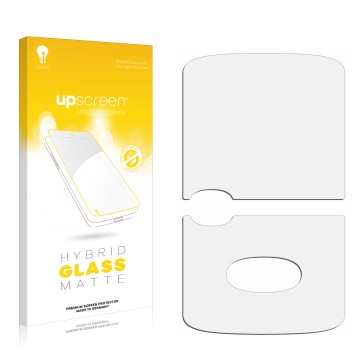 Vorderseite einer Produktverpackung mit dem Markenlogo upscreen. Daneben ist der zugehörige Displayschutz.