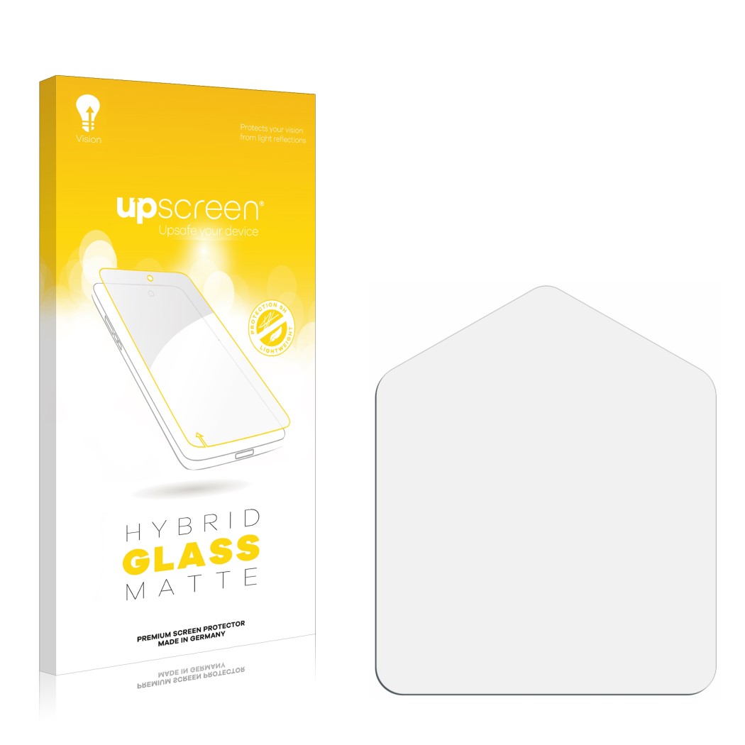 Parte frontal de un envase de producto con el logotipo de la marca upscreen. Al lado está el protector de pantalla correspondi