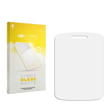 Vorderseite einer Produktverpackung mit dem Markenlogo upscreen. Daneben ist der zugehörige Displayschutz.