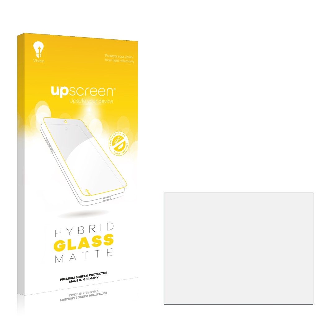 Vorderseite einer Produktverpackung mit dem Markenlogo upscreen. Daneben ist der zugehörige Displayschutz.