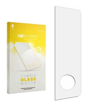 Vorderseite einer Produktverpackung mit dem Markenlogo upscreen. Daneben ist der zugehörige Displayschutz.