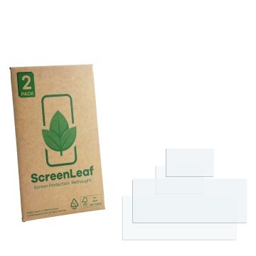 Vorderseite einer Produktverpackung mit dem Markenlogo ScreenLeaf. Daneben ist der zugehörige Displayschutz.