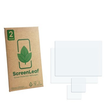 Vorderseite einer Produktverpackung mit dem Markenlogo ScreenLeaf. Daneben ist der zugehörige Displayschutz.