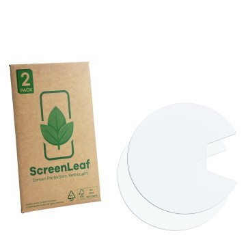 Parte frontal de un envase de producto con el logotipo de la marca ScreenLeaf. Al lado está el protector de pantalla correspon
