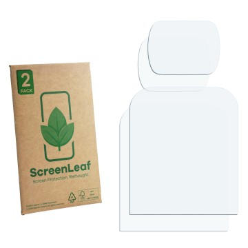 Face avant d’un emballage produit avec le logo de la marque ScreenLeaf. À côté se trouve la protection d’écran correspondante.