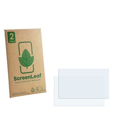 Face avant d’un emballage produit avec le logo de la marque ScreenLeaf. À côté se trouve la protection d’écran correspondante.