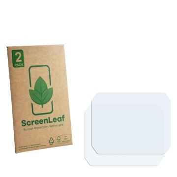 Parte frontal de un envase de producto con el logotipo de la marca ScreenLeaf. Al lado está el protector de pantalla correspon