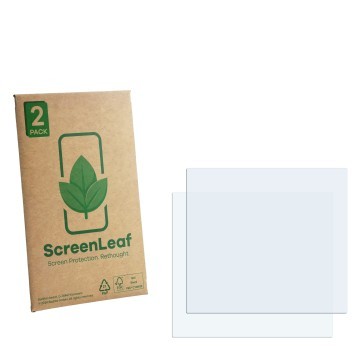 Parte frontal de un envase de producto con el logotipo de la marca ScreenLeaf. Al lado está el protector de pantalla correspon