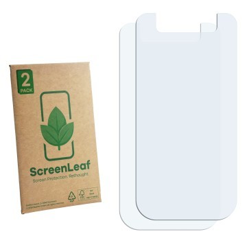 Face avant d’un emballage produit avec le logo de la marque ScreenLeaf. À côté se trouve la protection d’écran correspondante.